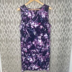 Adrienne Vittadini Purple Abstract Floral Midi Sheath Dress Scoop Neck Size: 12